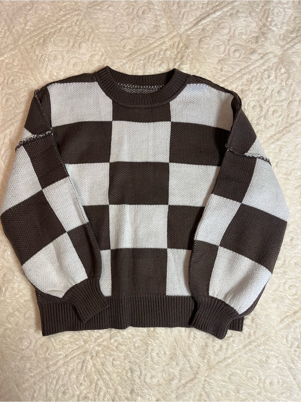 Checkerboard Crewneck Sweater - Brown & White